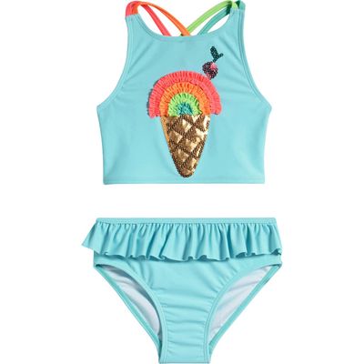 Flapdoodles Kids' Ice Cream Appliqué Two-Piece Swimsuit in Aqua