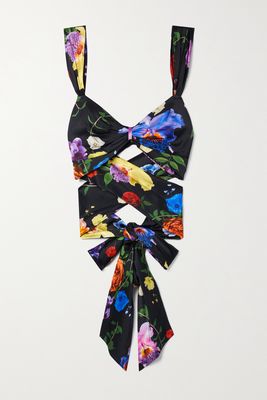 Fleur du Mal - Cropped Tie-detailed Floral-print Stretch-silk Top - Black