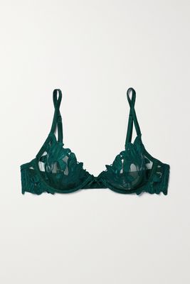 Fleur du Mal - Lily Embroidered Satin And Tulle Underwired Bra - Green