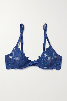 Fleur du Mal - Lily Satin-trimmed Embroidered Stretch-tulle Underwired Bra - Blue