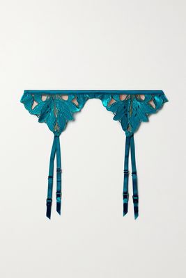 Fleur du Mal - Lily Velvet And Satin-trimmed Embroidered Tulle Suspender Belt - Blue