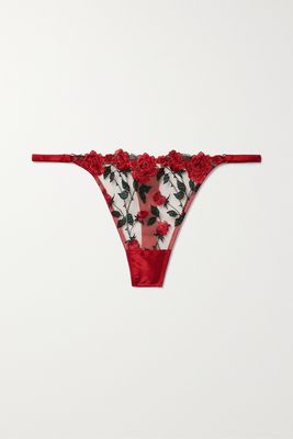 Fleur du Mal - Roses And Thorns Silk-blend Satin-trimmed Embroidered Tulle Thong - 3