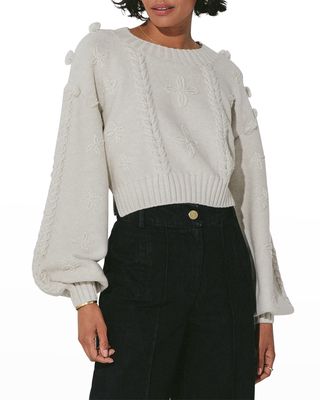 Fleur Embellished Blouson-Sleeve Crop Sweater