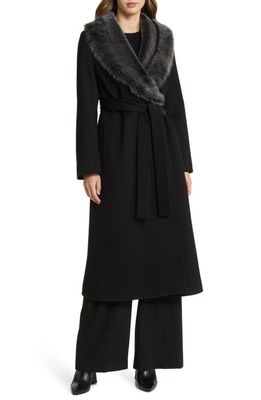 Fleurette Rory Genuine Shearling Collar Belted Wool Coat in Black W/Brisa