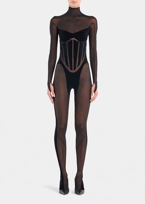 Flock Tulle-Inset Shaping Catsuit