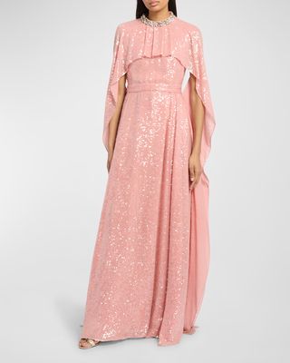 Floor-Length Sequin Gown with Cape Detail