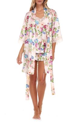 Flora Nikrooz Sabrina Floral Print Satin Short Pajamas & Robe Set in Blush