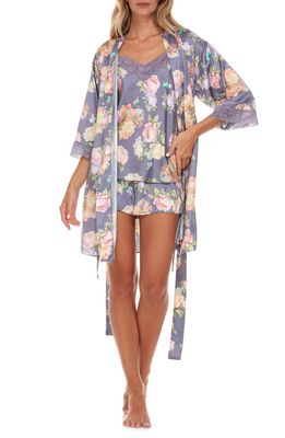 Flora Nikrooz Sabrina Floral Print Satin Short Pajamas & Robe Set in Grey 