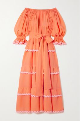 Flora Sardalos - Amorgos Belted Ric Rac-trimmed Cotton-voile Maxi Dress - Orange