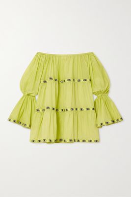 Flora Sardalos - Amorgos Off-the-shoulder Tiered Embroidered Cotton-poplin Mini Dress - Yellow