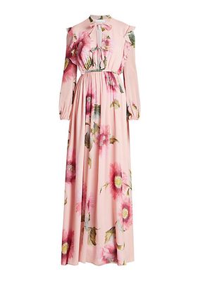 Floral & Bow-Embellished Silk Georgette Gown
