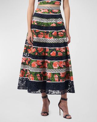 Floral and Striped Circle Skirt with Embroidered Detail