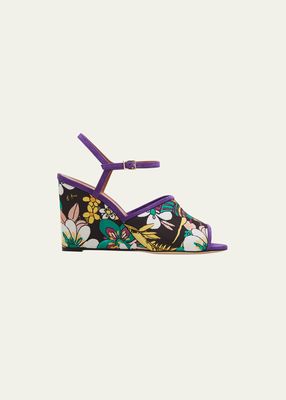 Floral Ankle-Strap Wedge Sandals