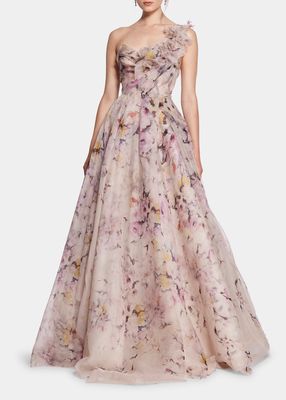 Floral-Applique Illusion Chiffon Ball Gown