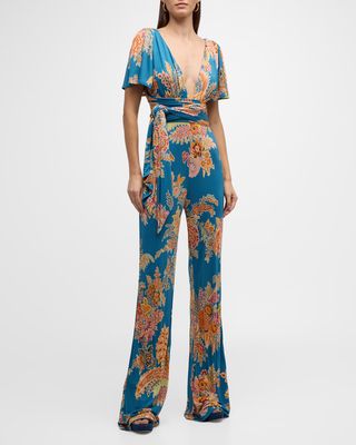 Floral Bouquet-Print Flutter-Sleeve Jersey Wrap Jumpsuit
