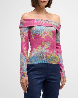 Floral Bouquet-Print Off-The-Shoulder Knit Sweater