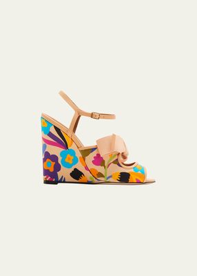 Floral Bow Wedge Ankle-Strap Sandals