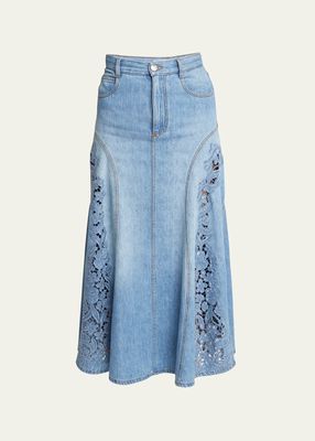 Floral Broderie Anglaise Cotton Linen Denim A-Line Midi Skirt