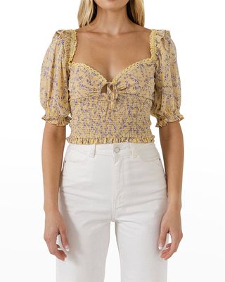 Floral Chiffon Lace-Trim Sweetheart Top