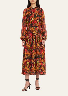 Floral Chiffon Long-Sleeve Midi Dress