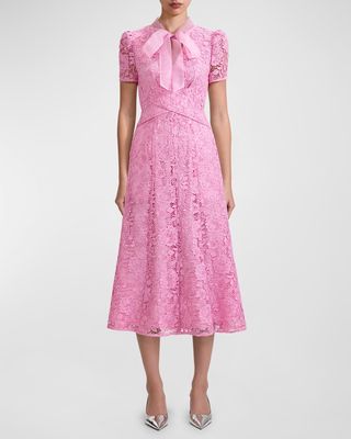 Floral Cord Lace Tie-Neck Crossover Midi Dress