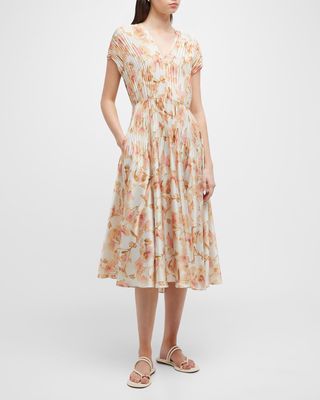 Floral Crushed Cap-Sleeve Midi Dress