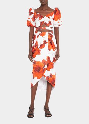 Floral Cut-Out Puff Sleeve Midi Dress