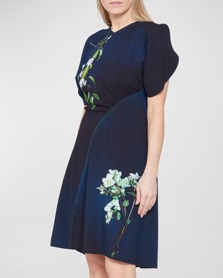 Floral Degrade-Print Paneled Cap-Sleeve Dress