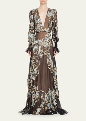 Floral-Embellished V-Neck Silk Gown
