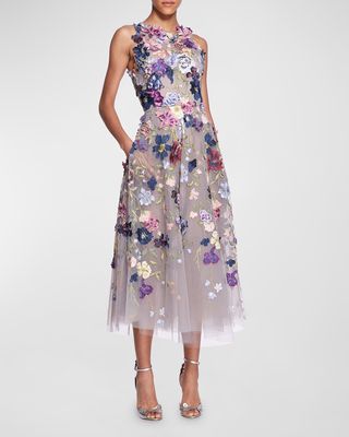 Floral Embroidered Applique Tulle Midi Dress