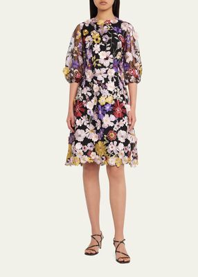 Floral-Embroidered Blouson-Sleeve Midi Dress