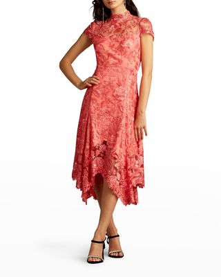 Floral Embroidered Cap-Sleeve Handkerchief Dress