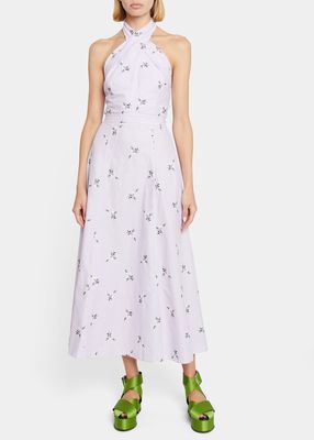 Floral-Embroidered Crossover Halter Midi Dress