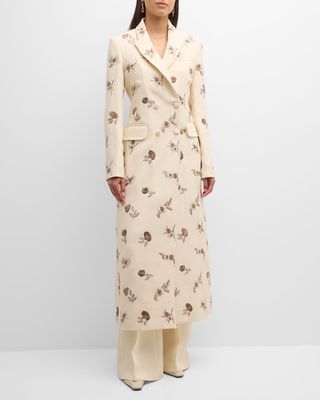 Floral-Embroidered Double-Breasted Silk-Wool Long Manteau Coat