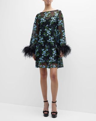 Floral-Embroidered Feather-Trim Shift Dress