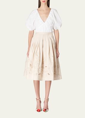 Floral-Embroidered Full Midi Skirt