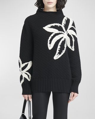 Floral Embroidered Funnel-Neck Cashmere Sweater