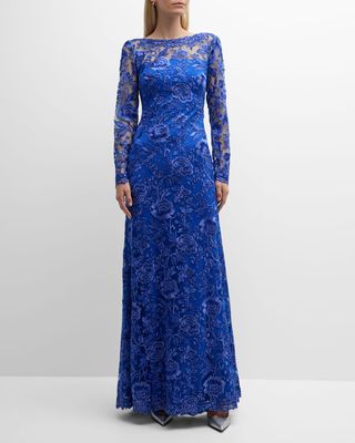 Floral-Embroidered Illusion Lace Gown