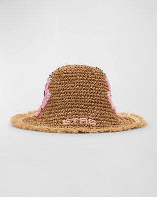 Floral Embroidered Logo Paper Straw Bucket Hat