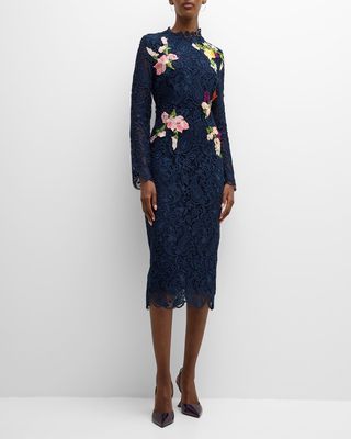Floral-Embroidered Long-Sleeve Lace Midi Dress