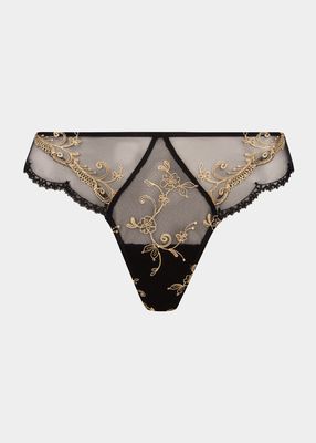 Floral-Embroidered Mesh Thong