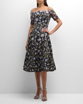 Floral-Embroidered Off-Shoulder Midi Dress
