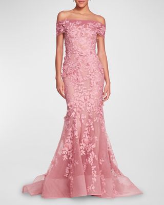 Floral Embroidered Off-The-Shoulder Tulle Fishtail Gown