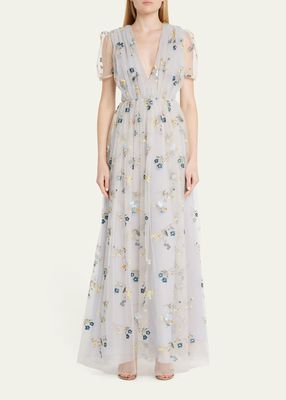 Floral-Embroidered Pleated Gown