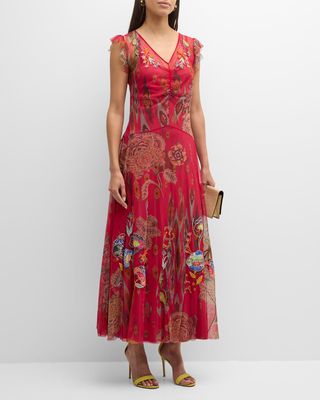 Floral-Embroidered Ruffle-Trim Mesh Maxi Dress