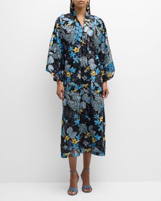 Floral-Embroidered Sequin Caftan Midi Dress