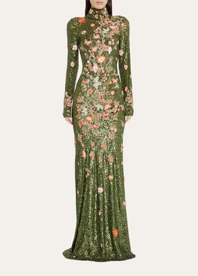 Floral-Embroidered Sequin High-Neck Gown