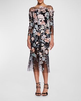 Floral-Embroidered Sequin Illusion Midi Dress