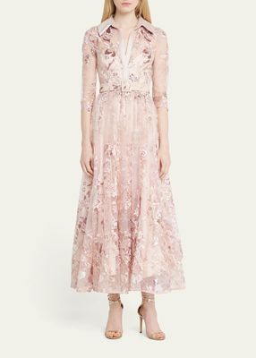 Floral-Embroidered Sequin Midi Shirtdress