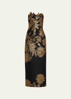 Floral-Embroidered Strapless Column Dress